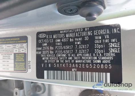 2014 Kia Sorento Lx from USA, damaged, VIN 5XYKT3A62EG520805